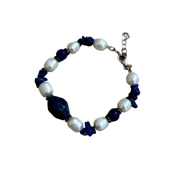 Pearl, Lapis Lazuli and Sterling Silver Tennis Bracelet - Picture 2 of 7